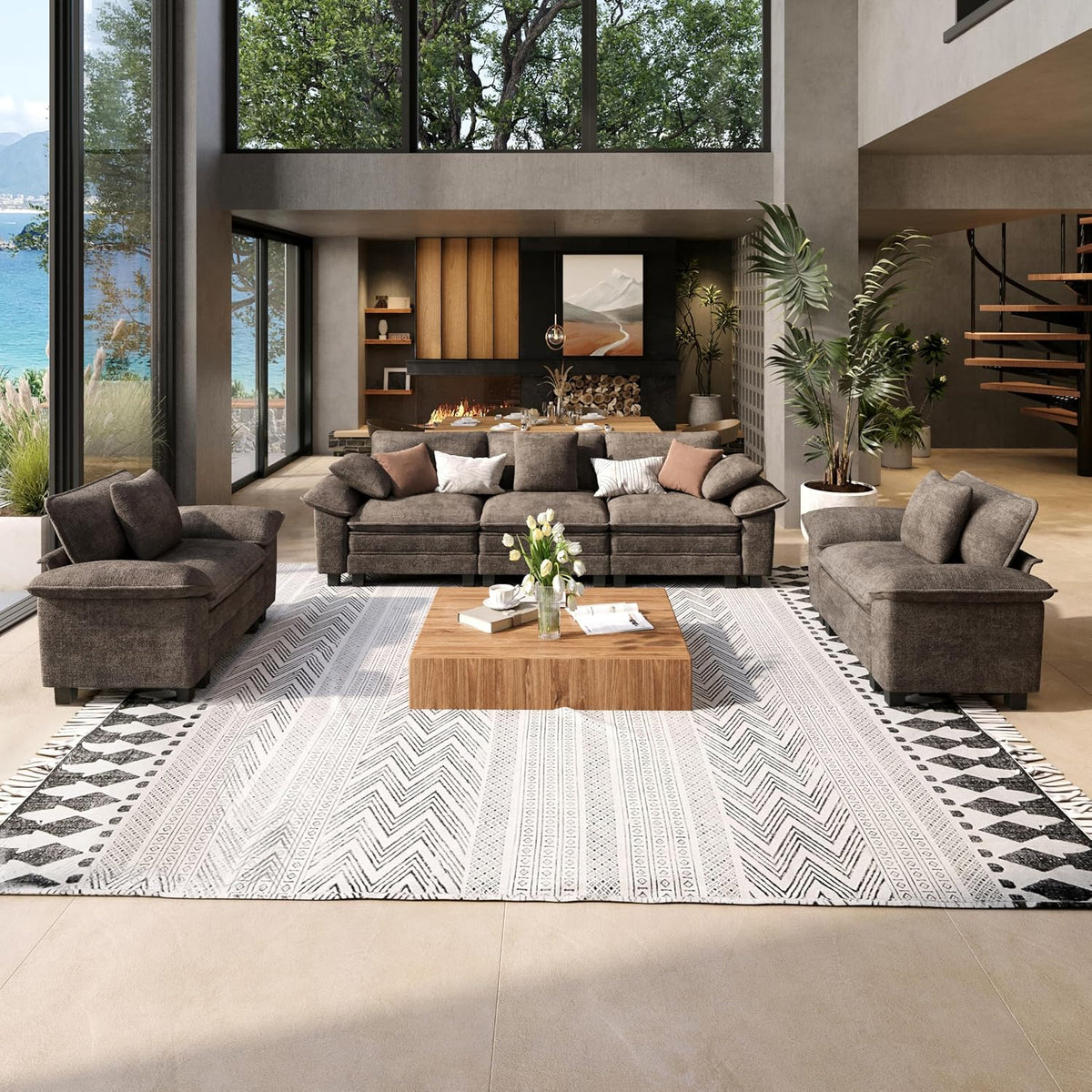 Modern living room with dark brown three-seat sofa centered and matching loveseat and chair on a patterned rug.