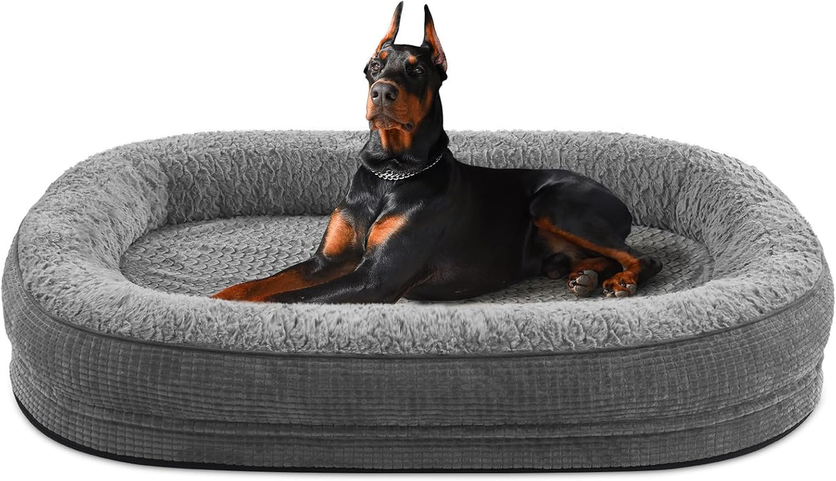 Gray oval bolstered dog bed with a Doberman sitting alert inside