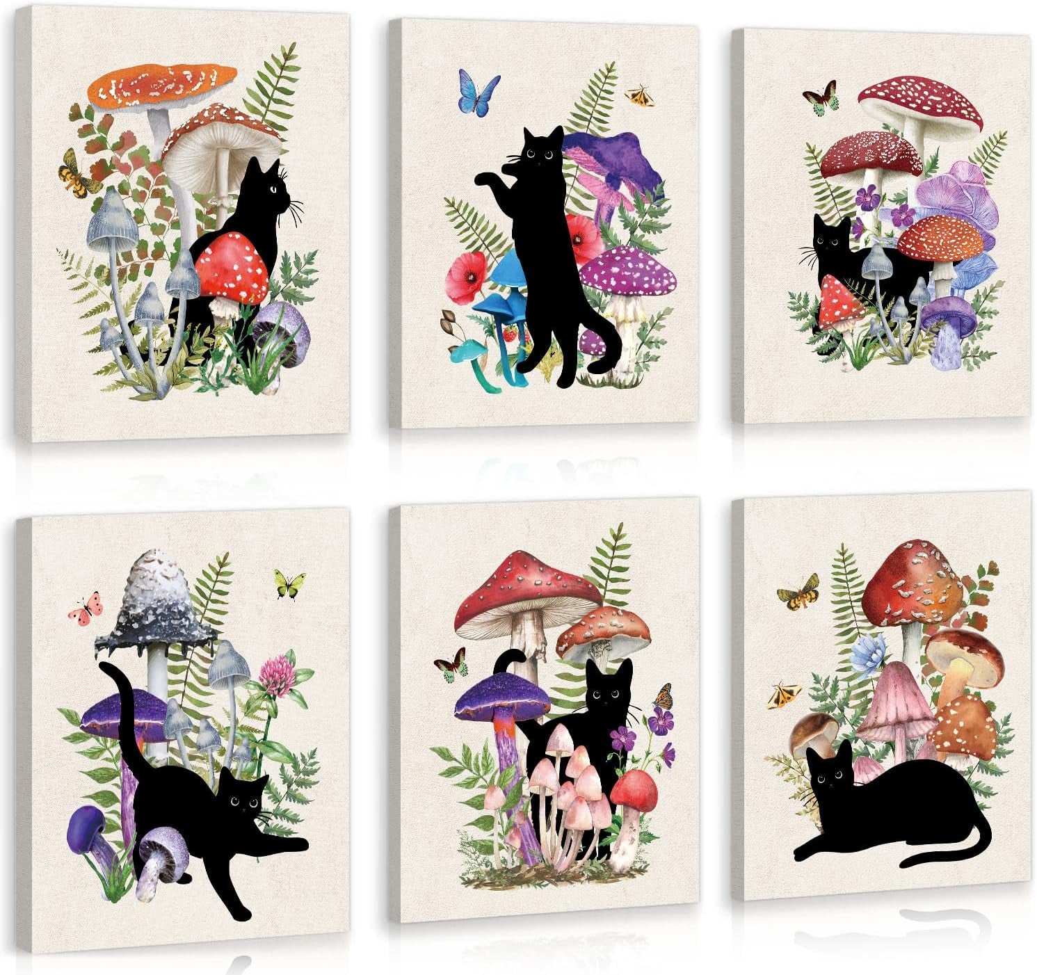 Six vertical canvases showing black cat silhouettes among colorful mushrooms and foliage, arranged in two rows of three.