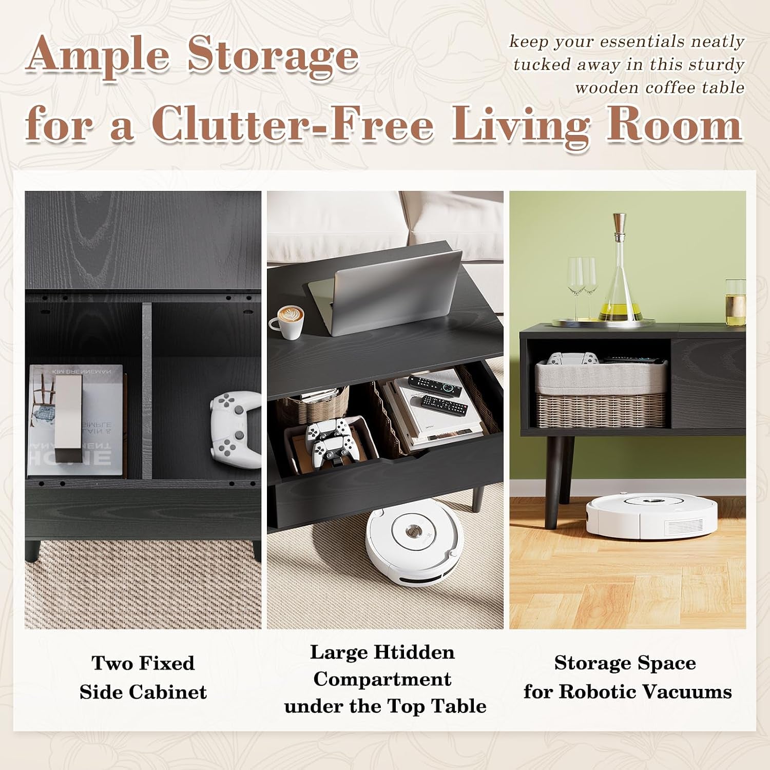 Three-panel collage showing interior compartments, lift-top storage and space for a robotic vacuum under a black table.
