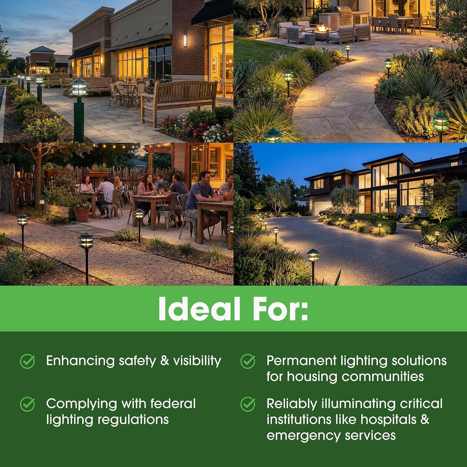 Collage of pathway lights illuminating commercial and residential walkways and patios at dusk and night