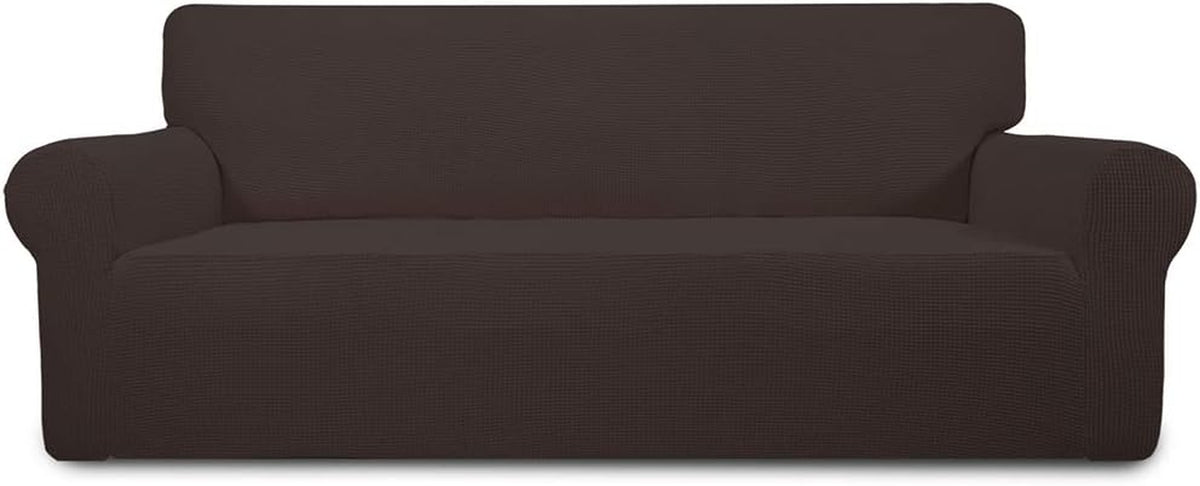 Front studio view of a textured dark brown loveseat cover on white background with soft floor shadow.