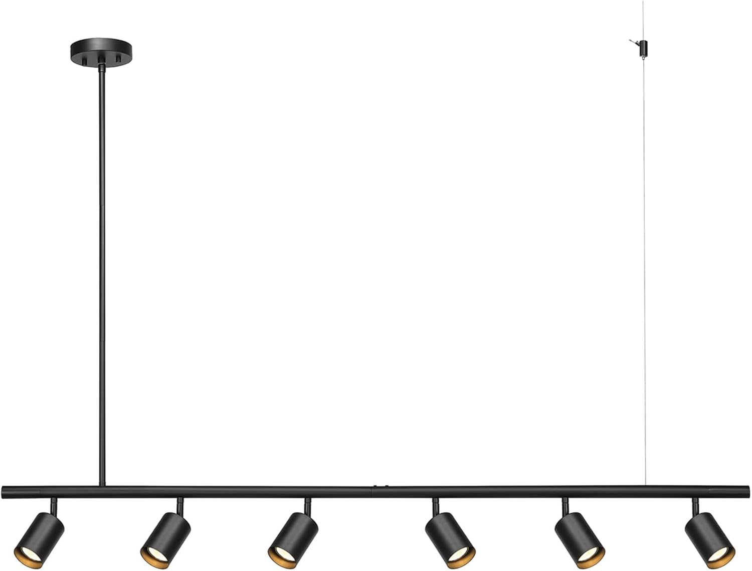 Linear six-light matte black track fixture with adjustable cylindrical heads, ceiling canopy, and suspension cable.