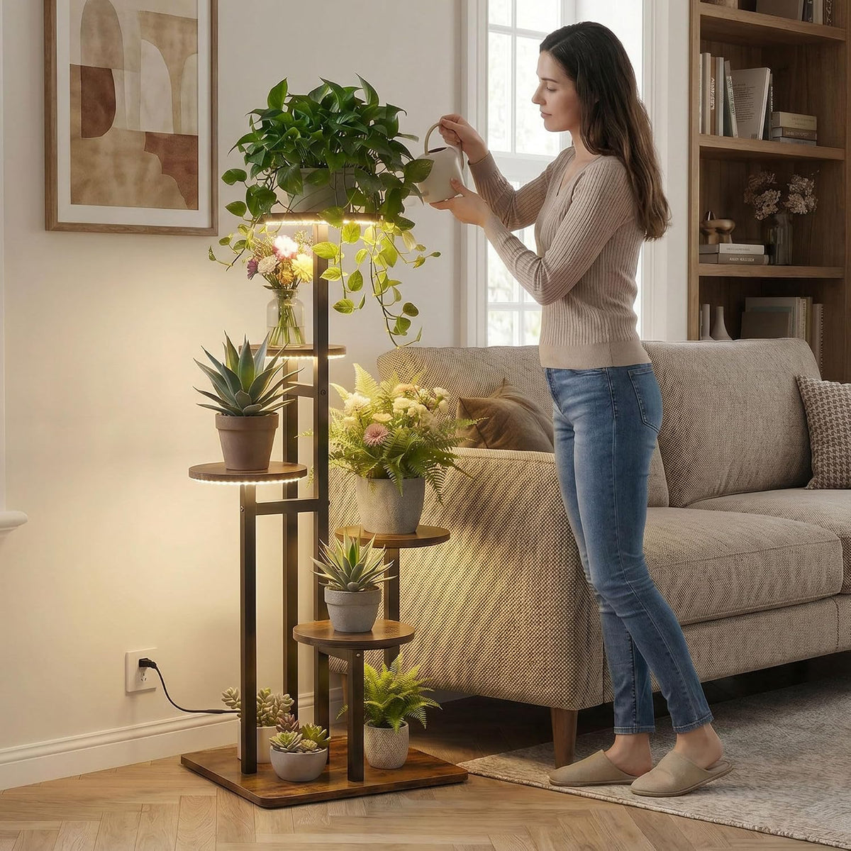 Woman tending a potted plant on the top tier of a five-tier plant stand beside a sofa in a living room