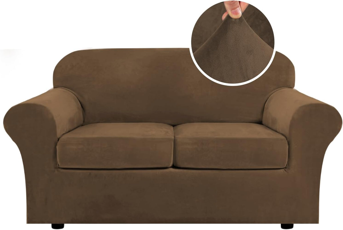 Front-facing two-seat loveseat dressed in a warm chocolate-brown velvet slipcover with a circular close-up of fabric stretch