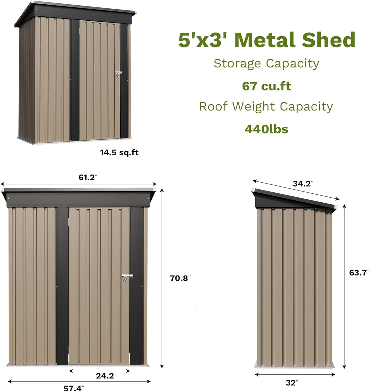 Front and side elevation drawings with measurements and a small rendered view of the brown sloped-roof metal shed