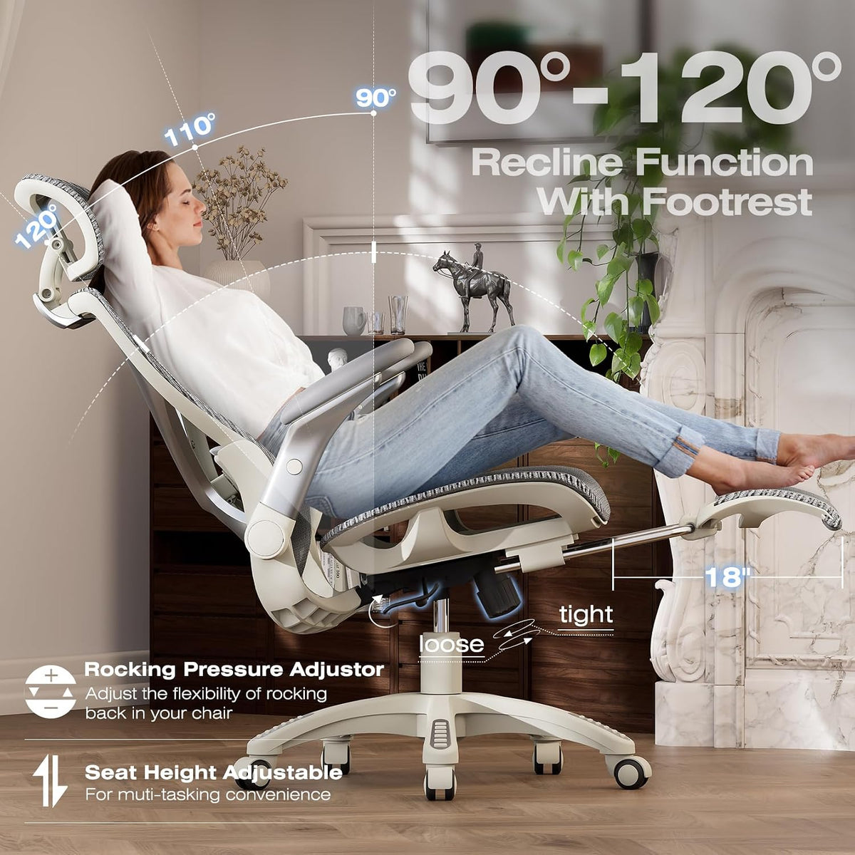 Side view of a light grey mesh office chair reclined with footrest extended and a woman resting back