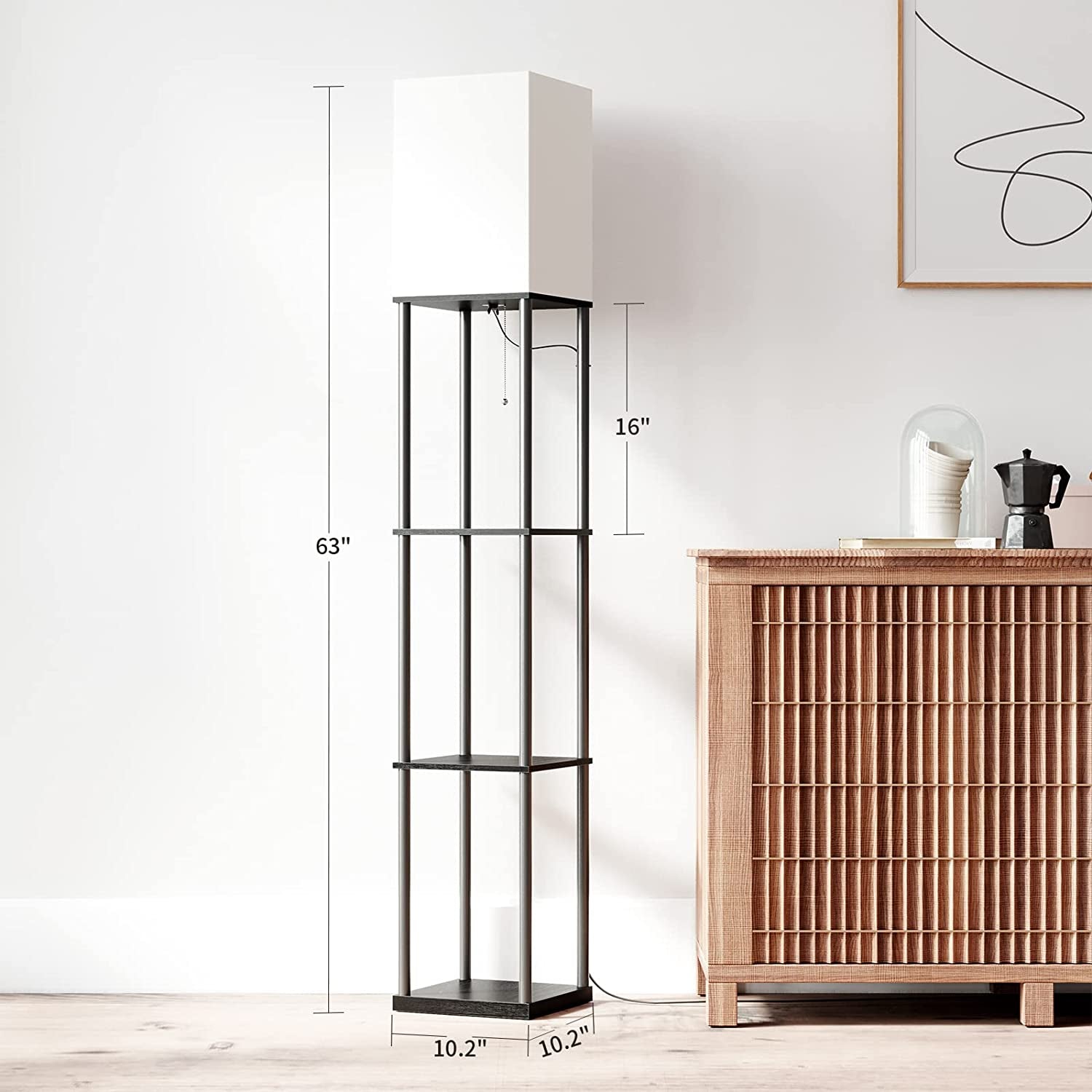 Shelving floor lamp with dimension overlay showing 63" height and 10.2" square base.