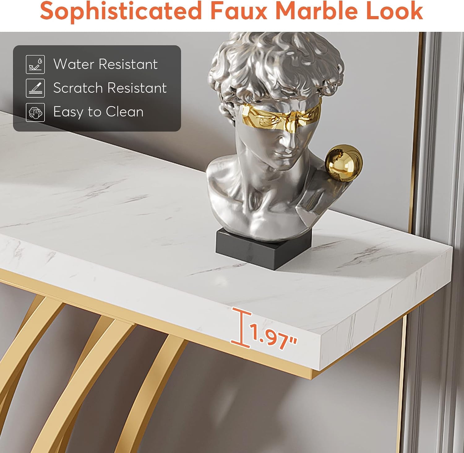 Close-up of faux marble tabletop edge showing 1.97 inch thickness and marble veining with decorative bust