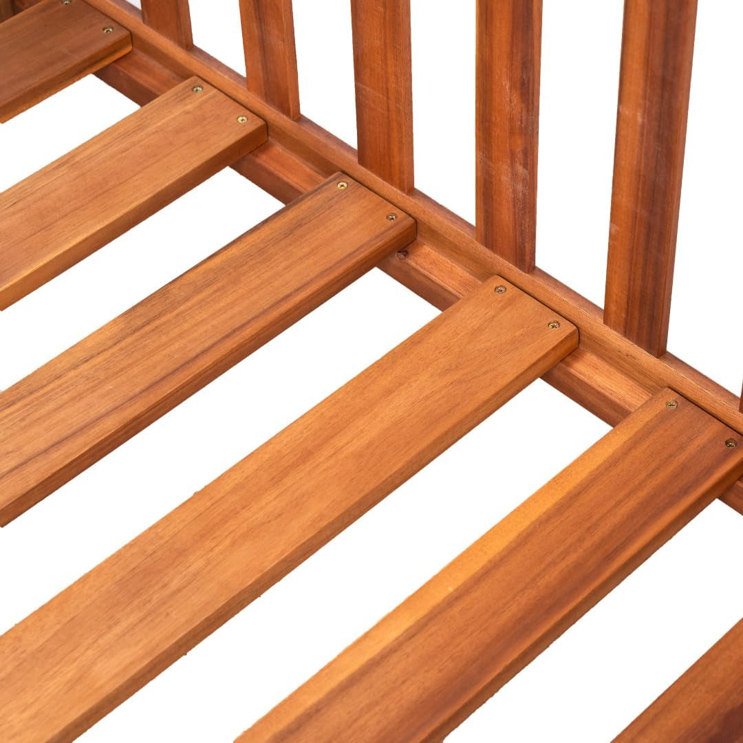 Close-up of acacia slatted seat showing wood grain and screwed fastenings
