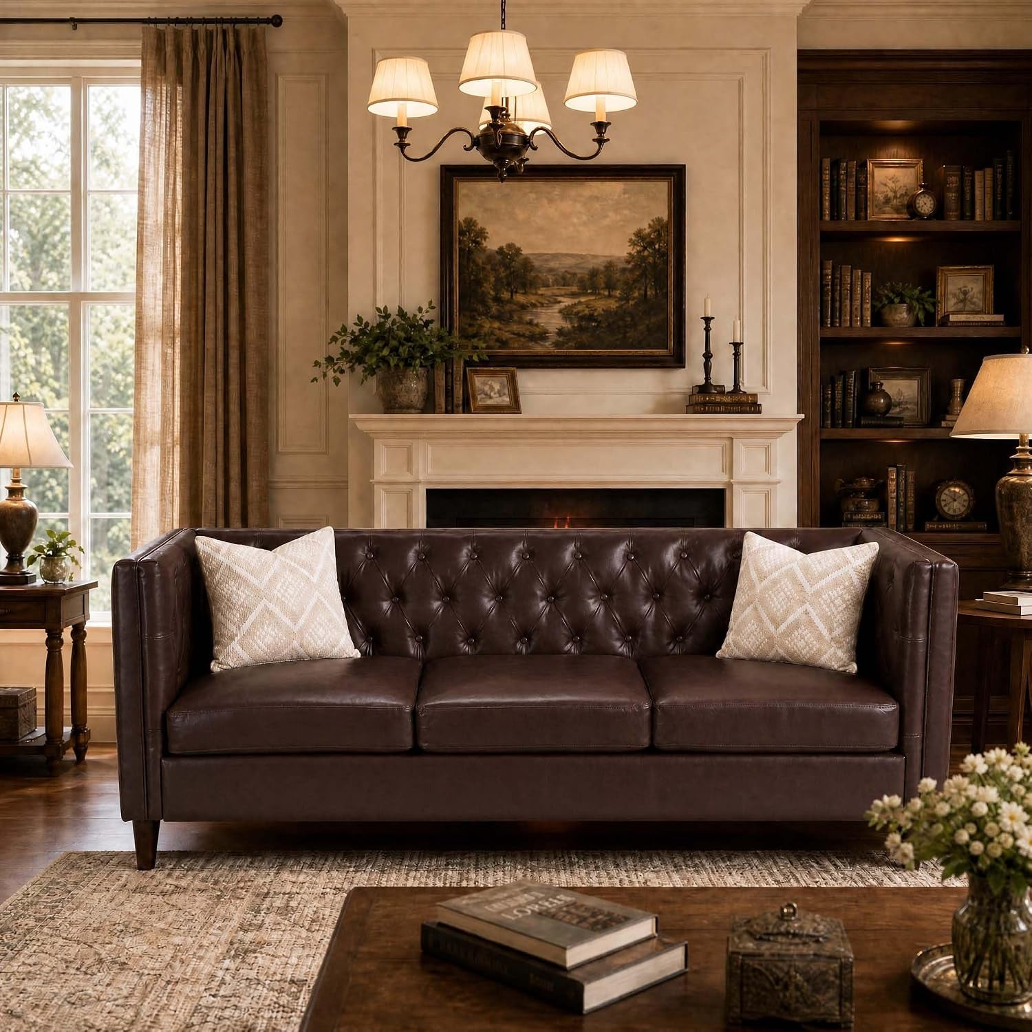 81'' Modern Leather Couch for Living Room, Mid Century Leather Sofa with Deep Seat, Handmade Button Tufted Sofa, Chesterfield 3 Seat Couch for Apartment, Office, Brown