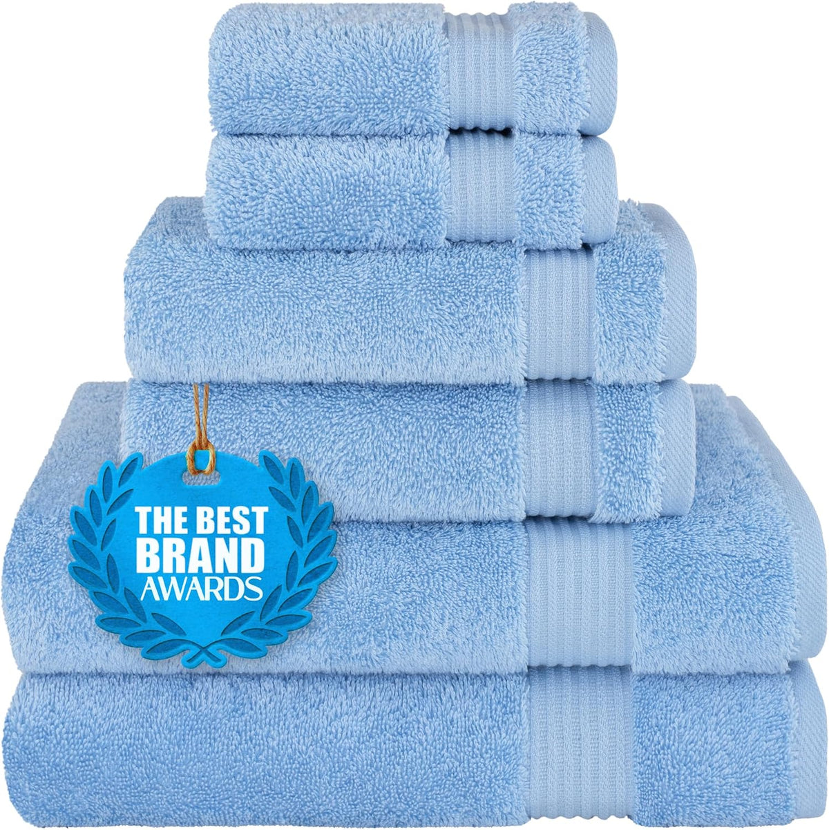 Stack of light blue terry towels with a blue award tag hanging on the front