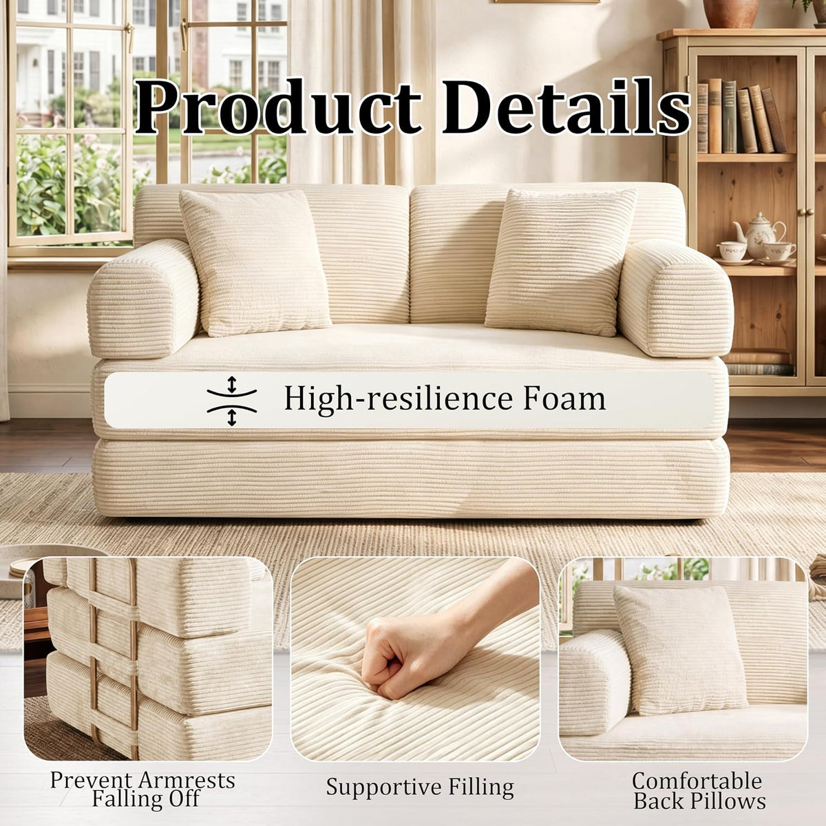 Straight-on view of the loveseat with three small detail thumbnails showing arm brace, foam, and back pillow.