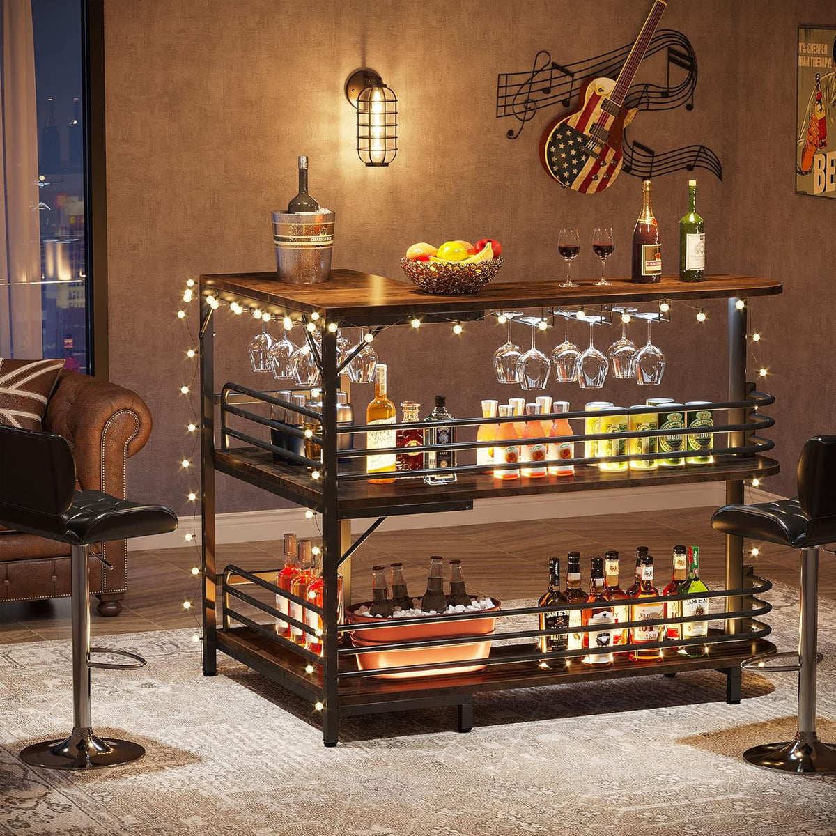 Brown corner bar styled in a cozy room with hanging stemware, top surface decor and bottles on lower shelves