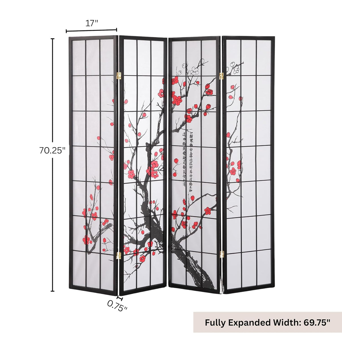 Dimension diagram showing the black four-panel shoji divider partially open with measurement lines and numbers.