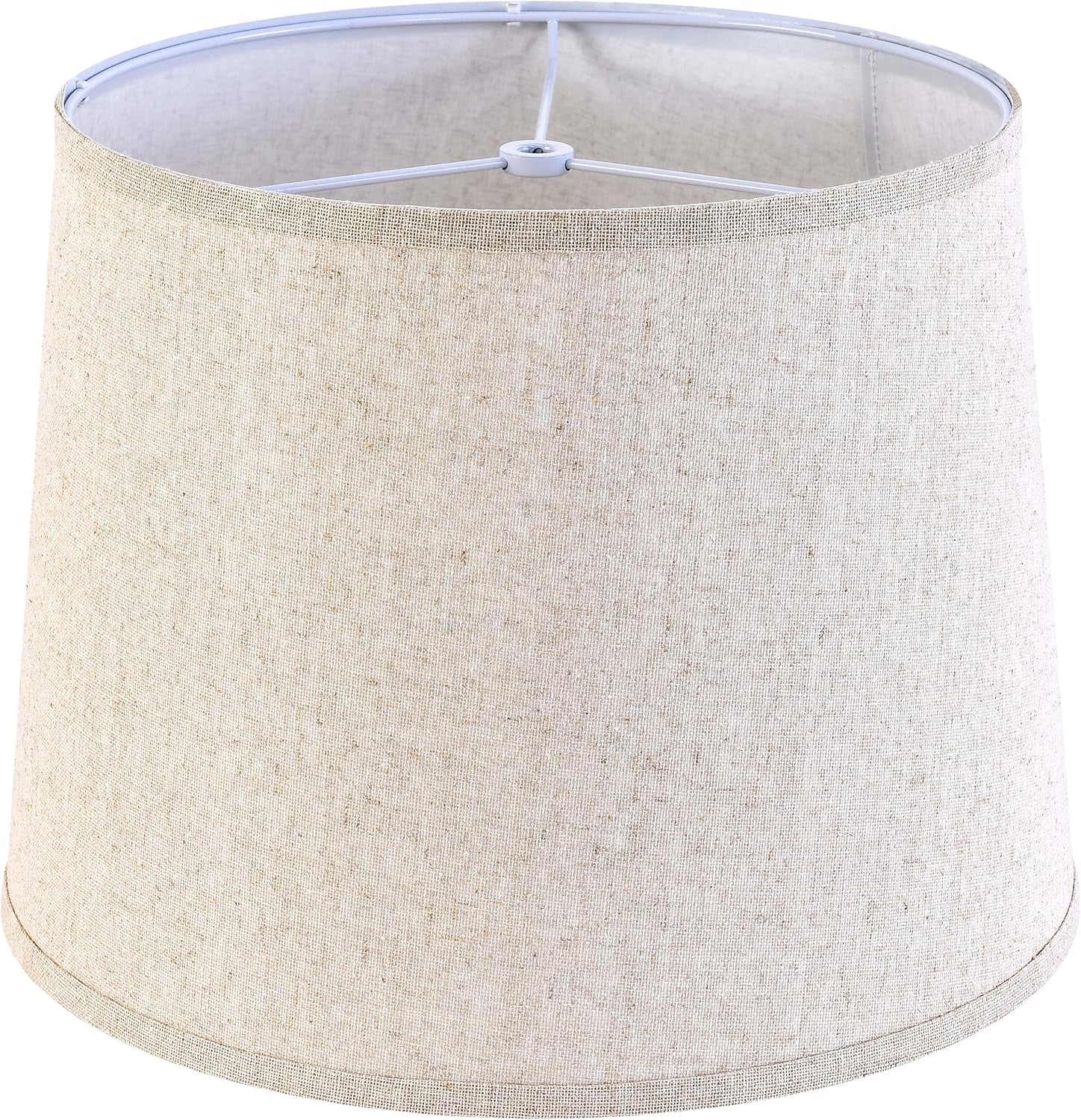 Beige oatmeal drum lamp shade shown from a slight top angle revealing inner spider fitter