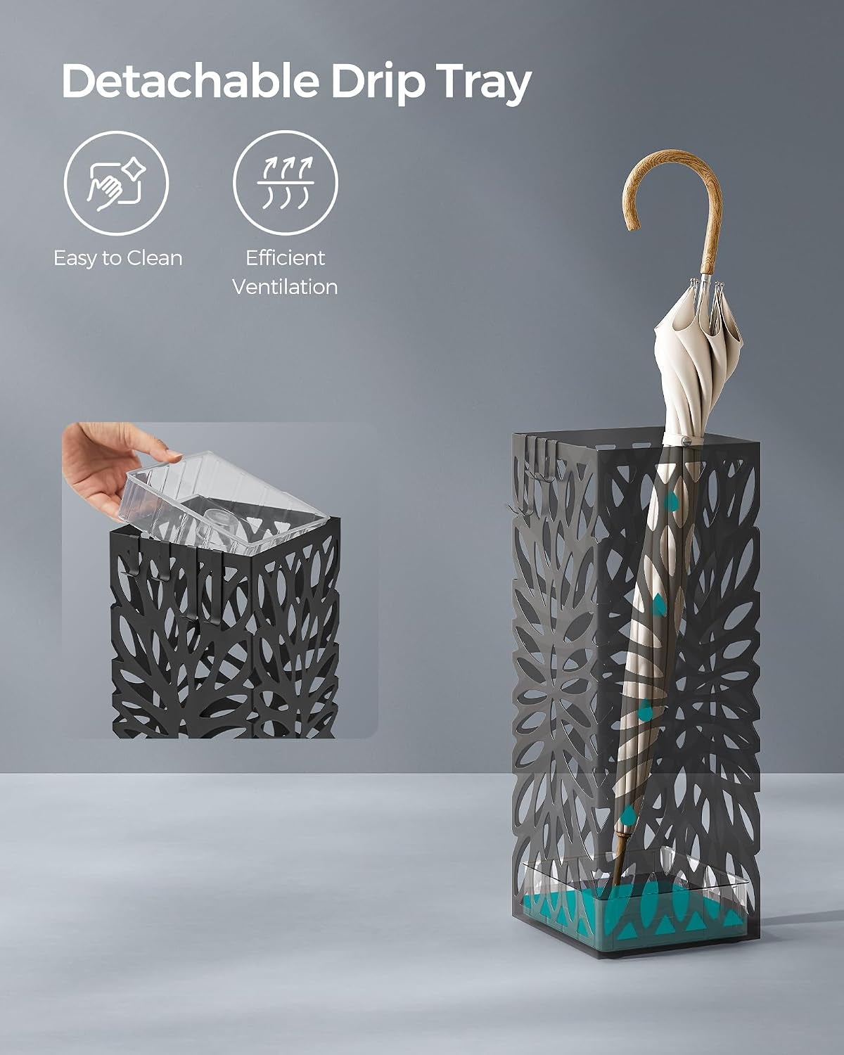 Black umbrella stand with a hand lifting the clear plastic detachable drip tray from the base
