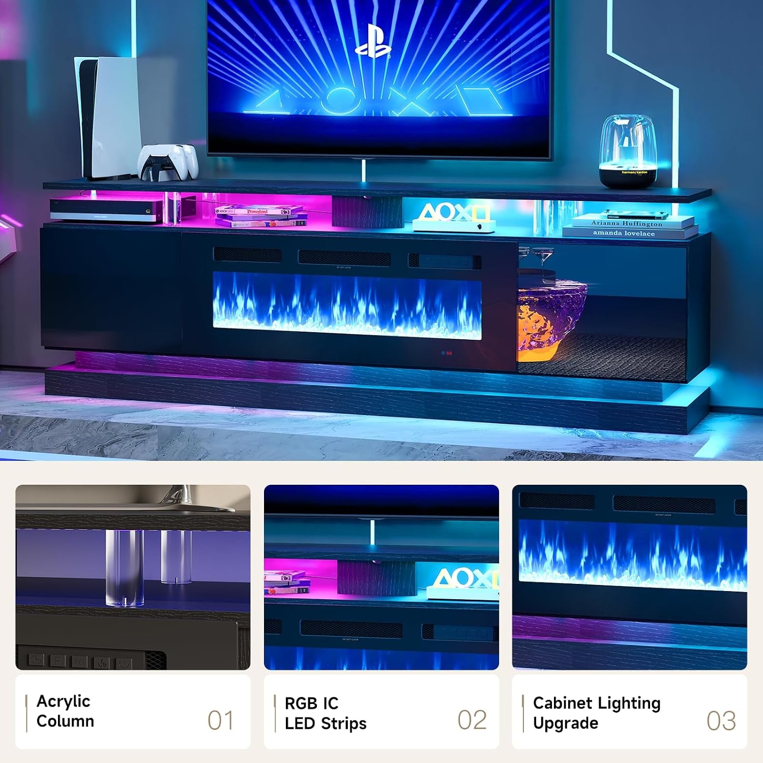 Wide gaming-room view of the TV stand showing acrylic support columns, RGB cabinet lighting, and the 36" flame display