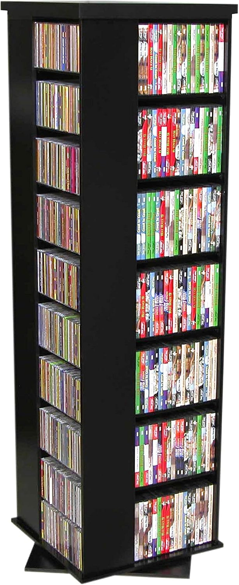 Black four-sided media tower angled side view showing DVDs and CD shelves on rotating panels.