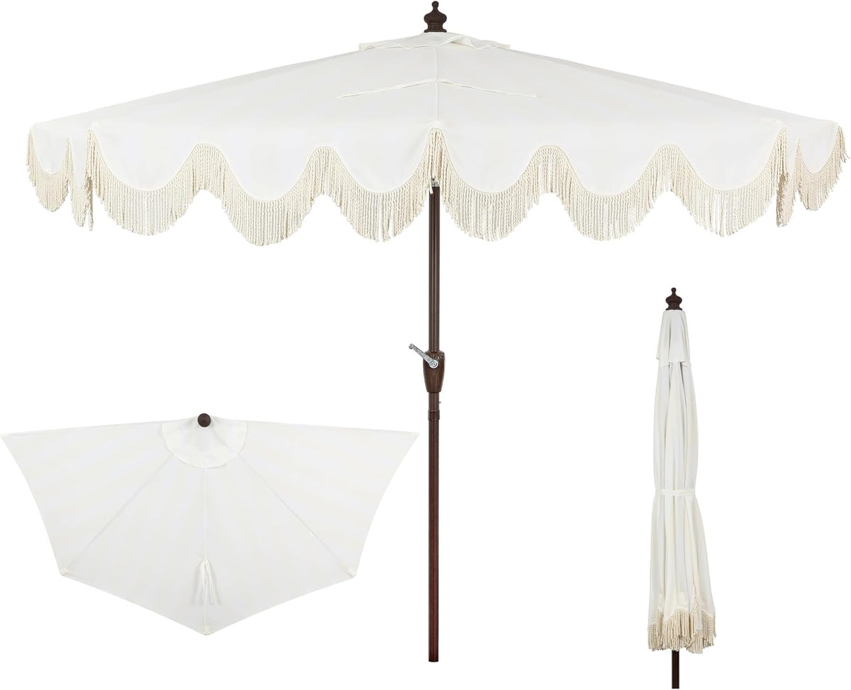 Front view of a white scalloped half umbrella with cream bullion fringe and dark brown pole; inset top view and folded