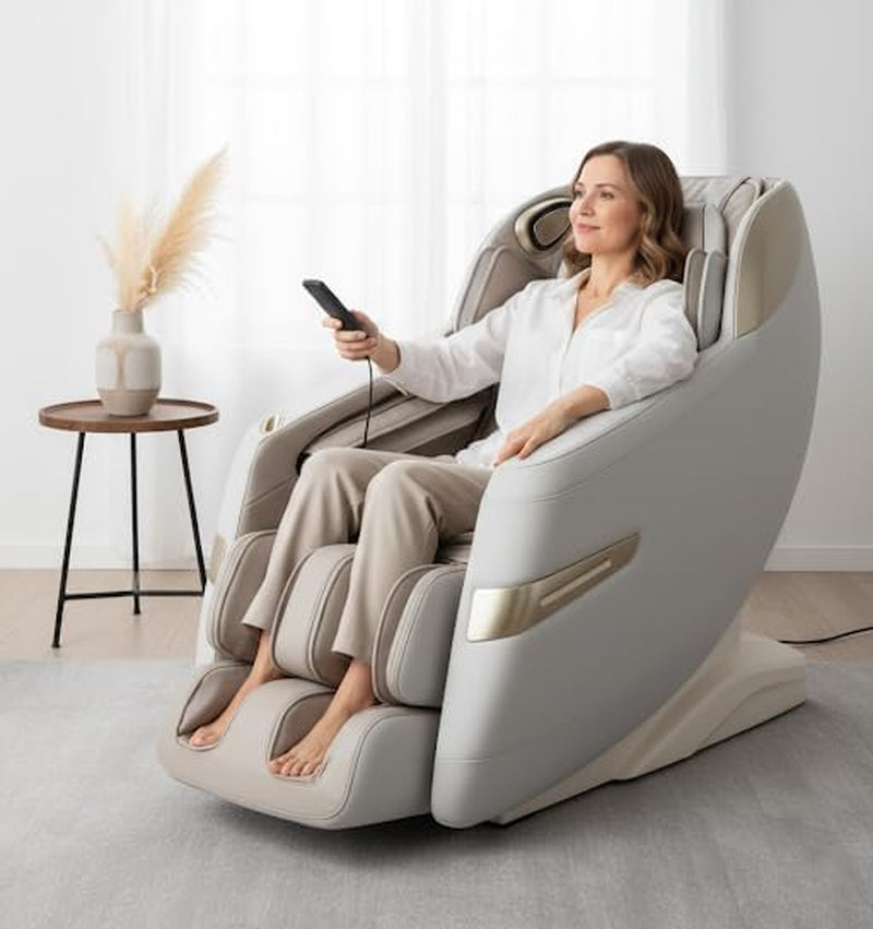 Taupe full-body massage chair angled front view with seated woman holding a remote in a bright living room