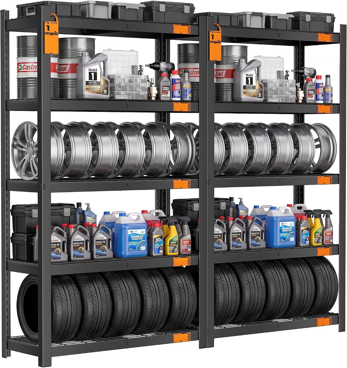 Black shelving unit viewed slightly from the right, stocked with tires across bottom, rims, jugs and spray bottles on middle