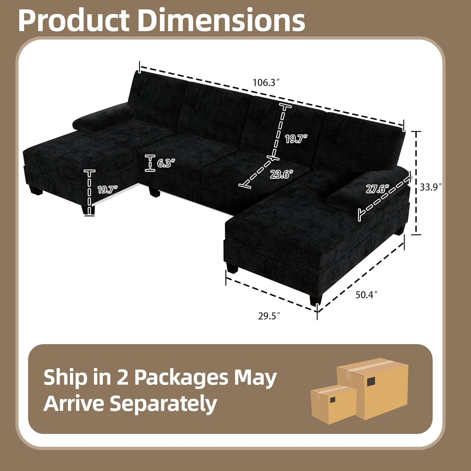 Graphic rendering of the U-shaped sectional showing layout and annotated product dimensions