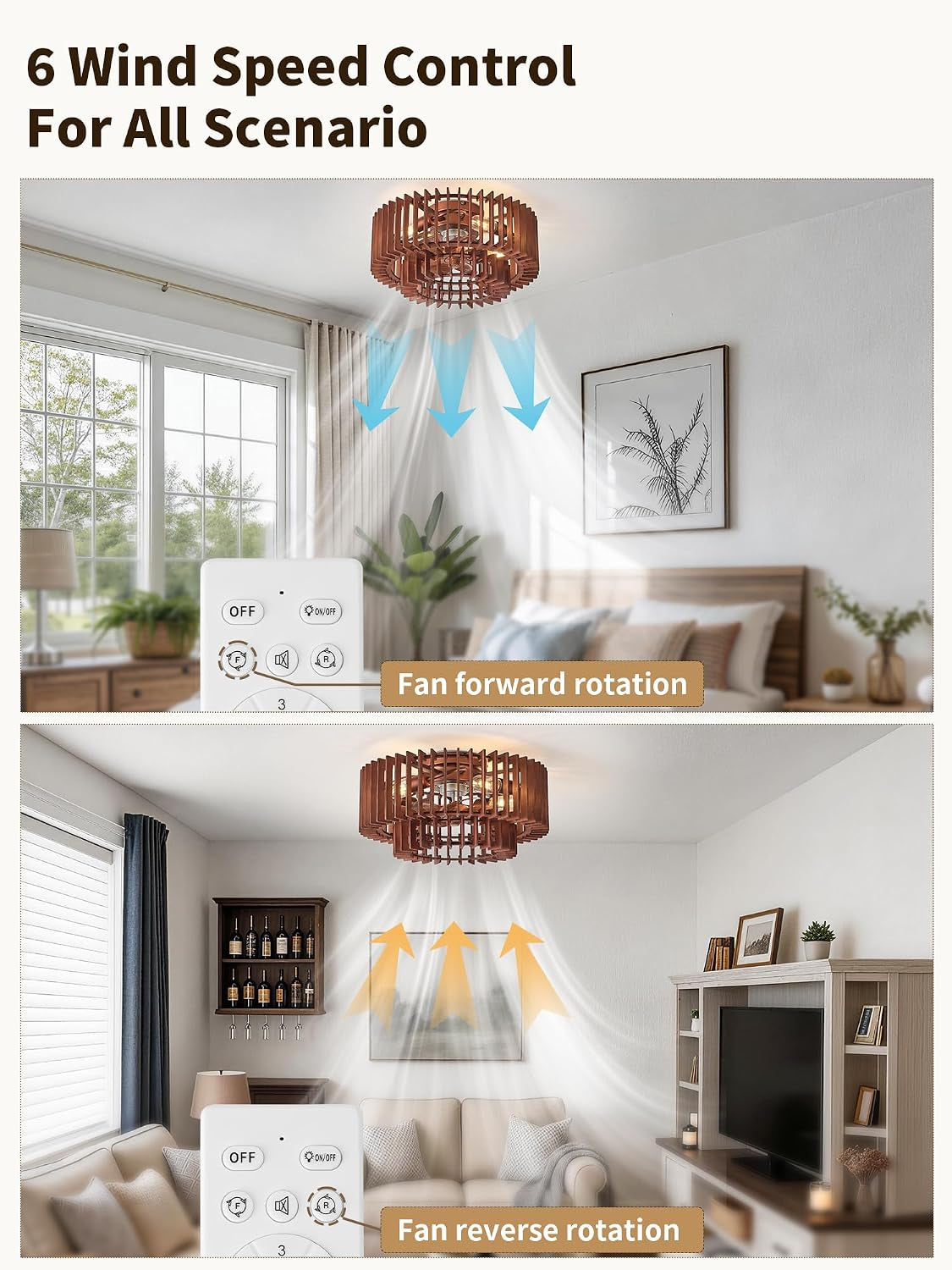 Remote control and ceiling view showing fan forward and reverse airflow illustrations
