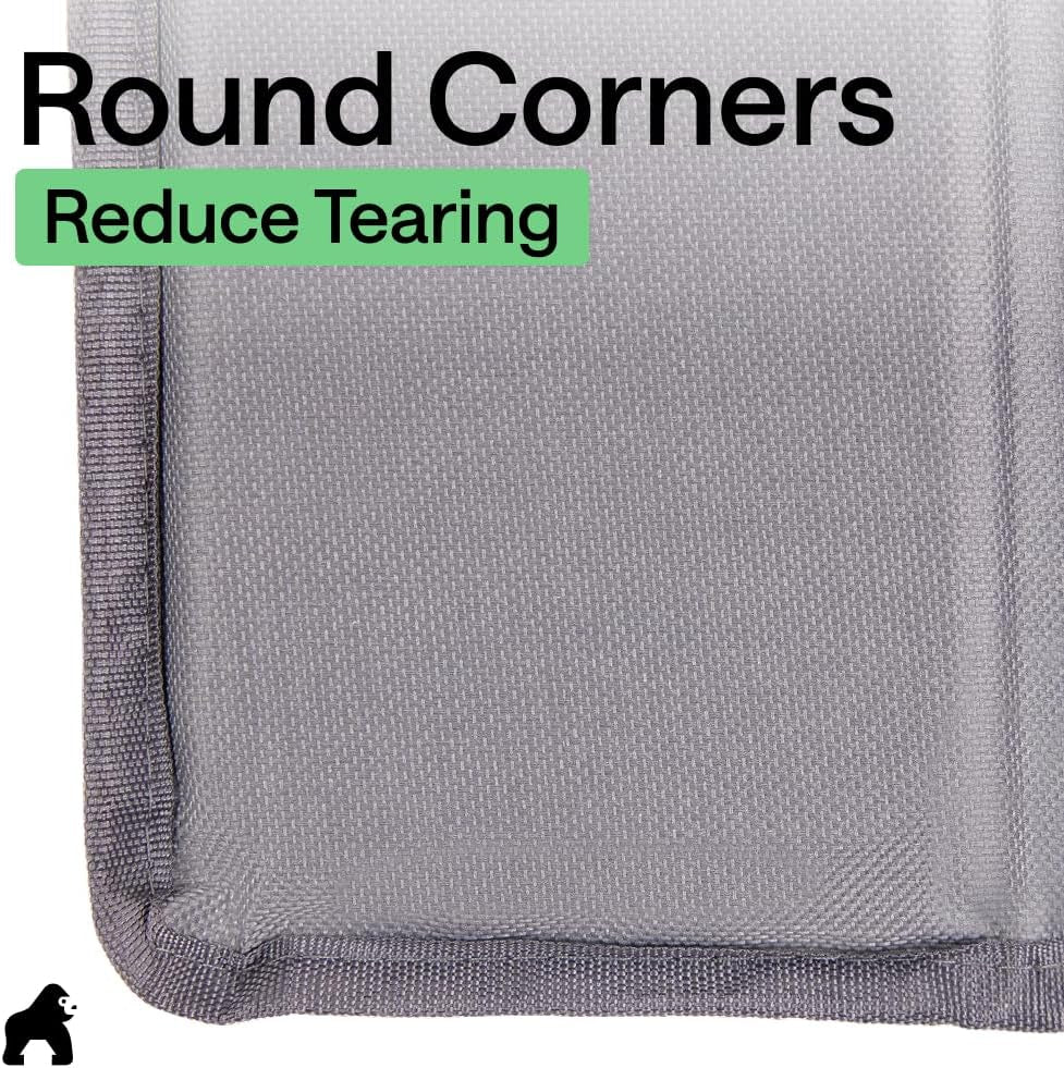 Close-up of a rounded corner of the grey support panel with text about round corners reducing tearing