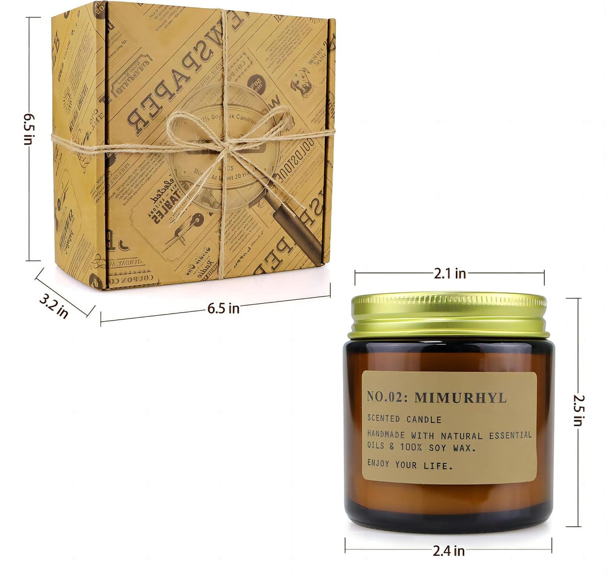 Brown kraft gift box and amber jar shown with measurement lines indicating box and jar sizes.