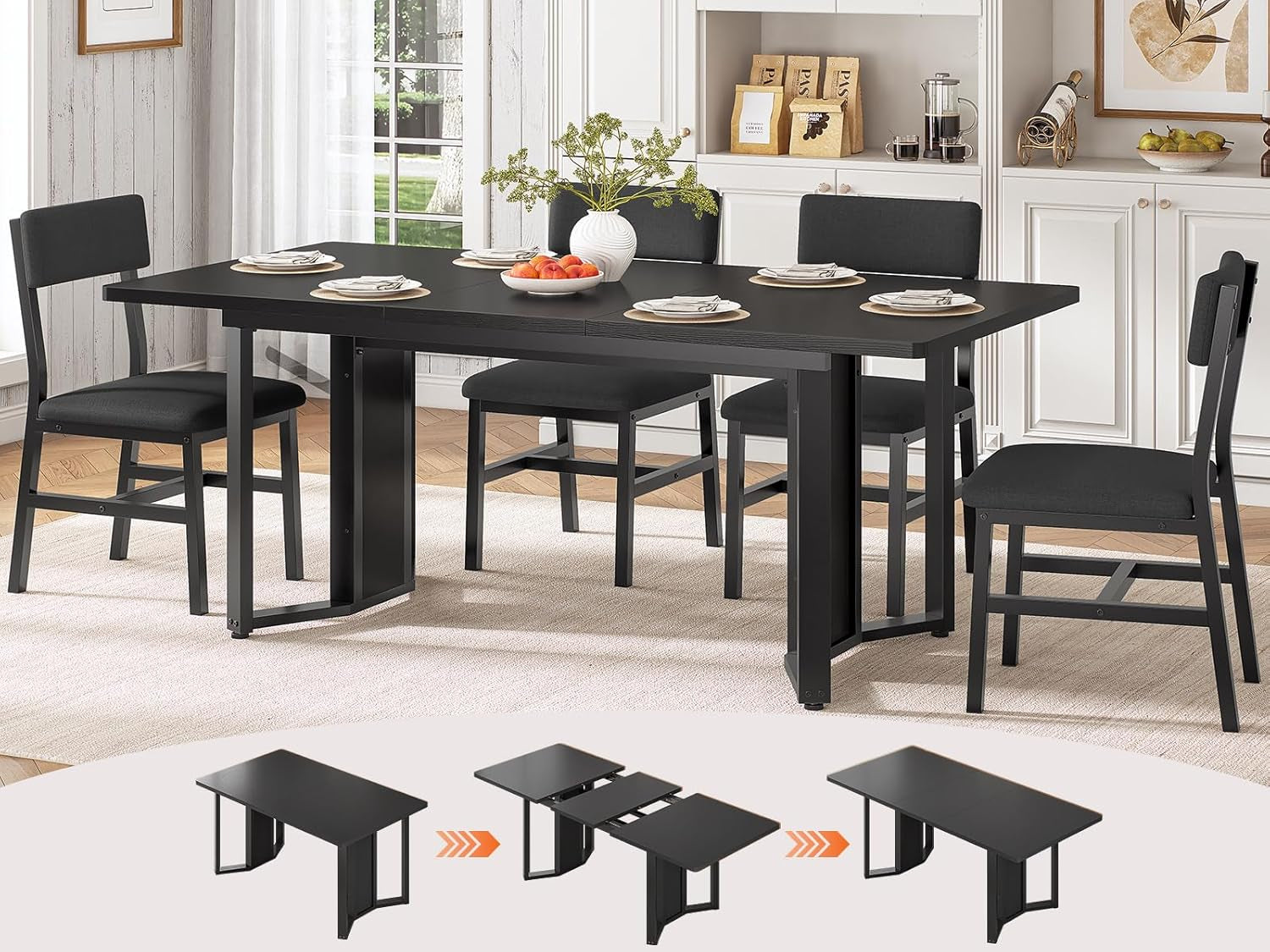 All-black five-piece dining set in a bright room, with three tabletop extension stages shown below.