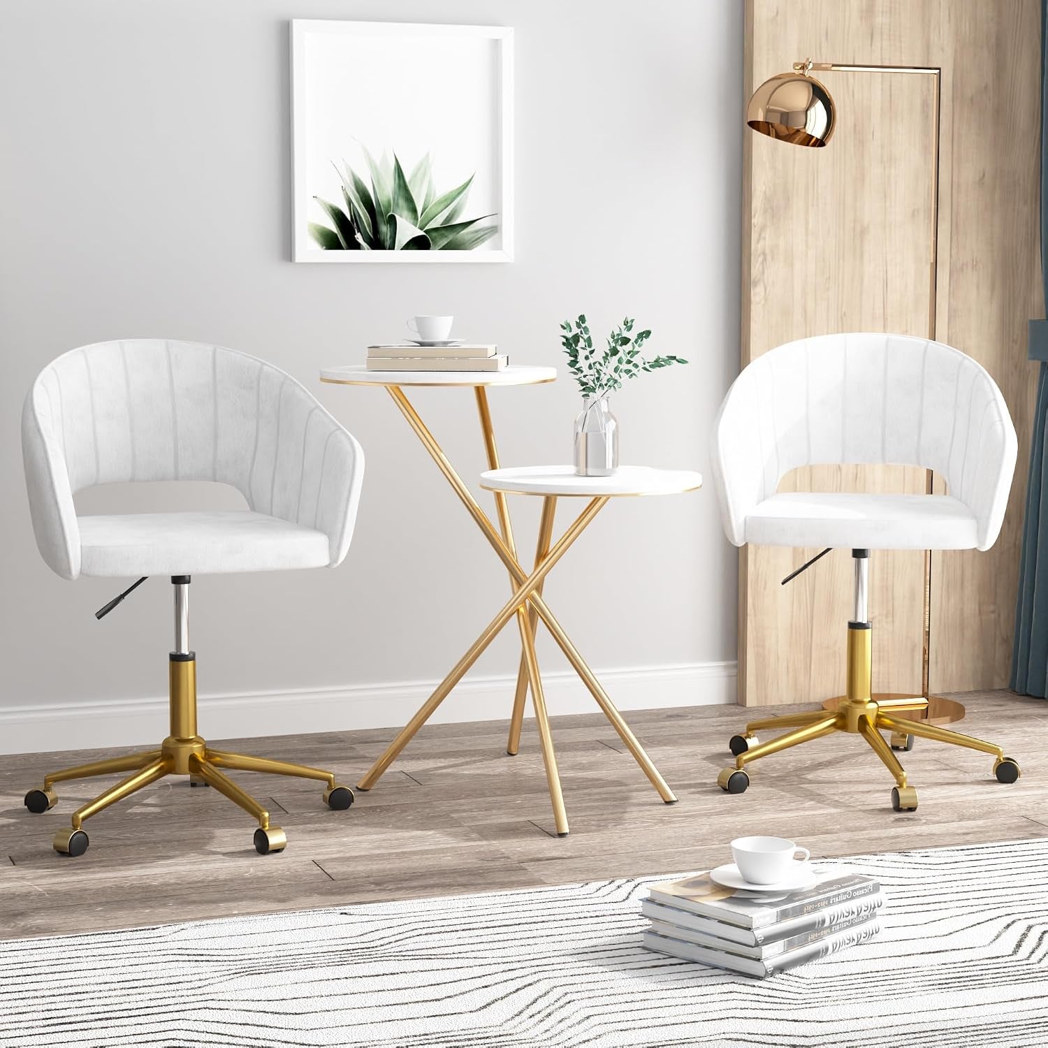 Two pearl-white swivel chairs with gold bases flanking small round gold-legged tables in a living room scene