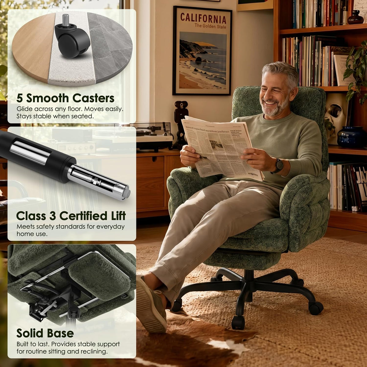 Man reading a newspaper while seated in a plush green recliner with visible caster base in a living room.