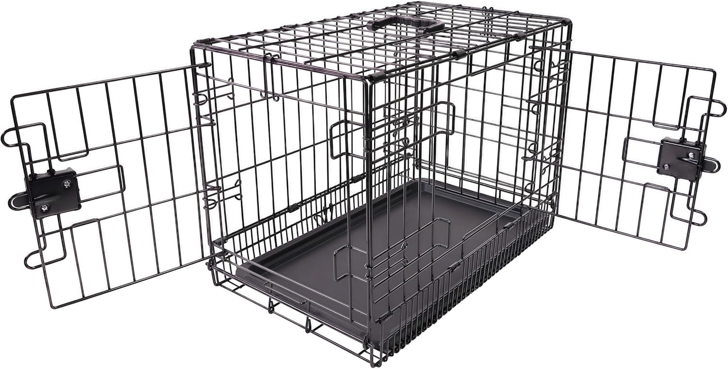 Angled front-right view of metal wire crate with both doors open and center divider upright, plastic tray in place