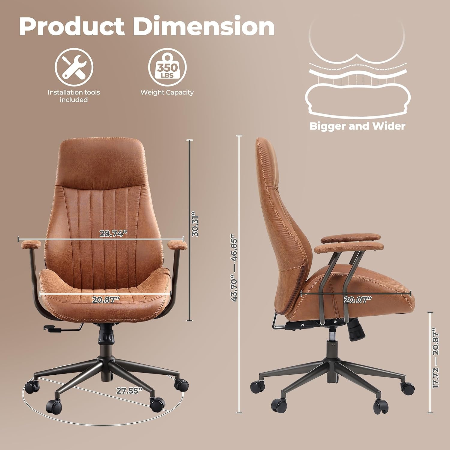 Front and side product dimension diagram showing chair width, seat depth, base span and height measurements
