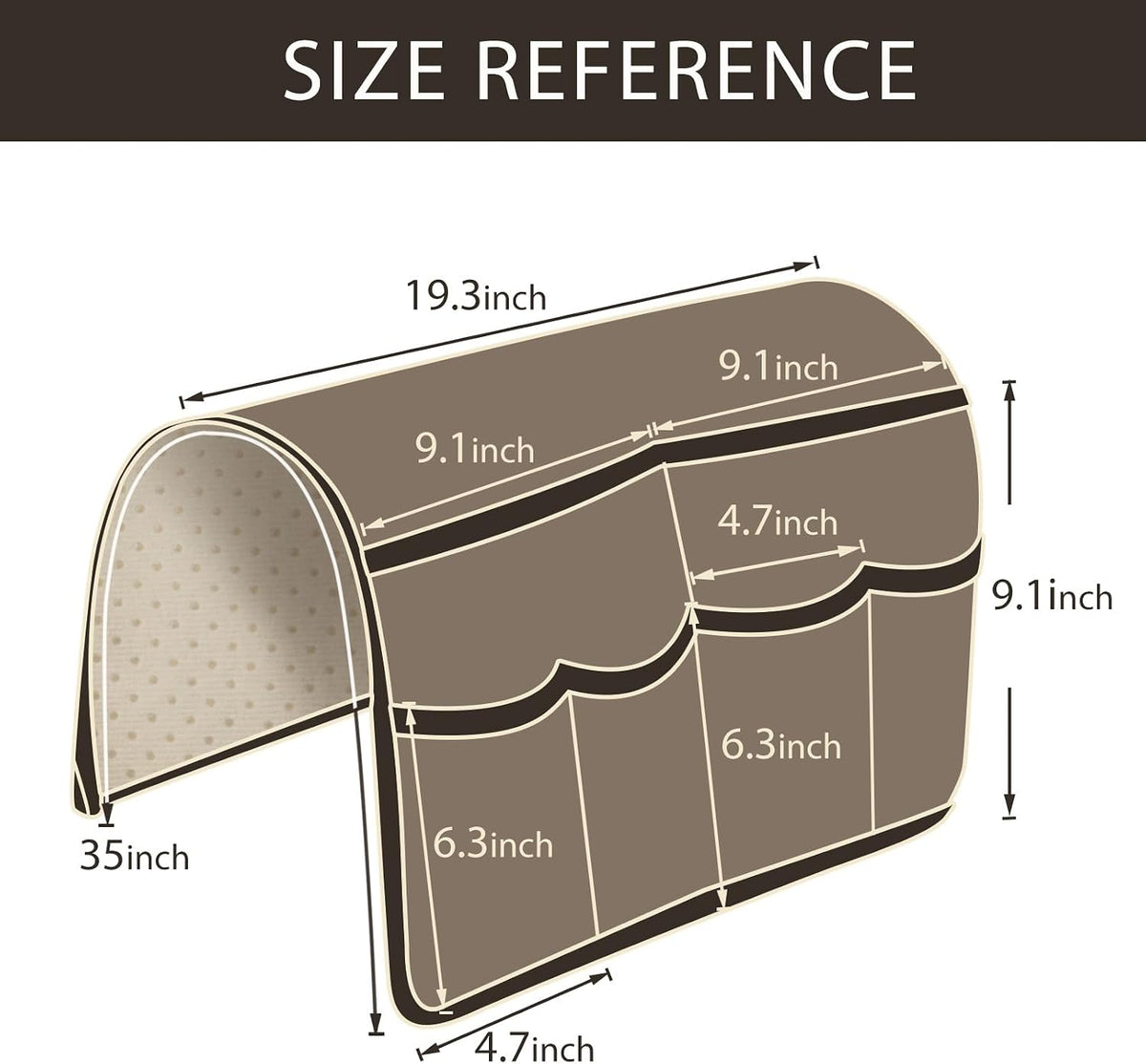 Illustrated size diagram showing pocket and overall measurements on an armrest caddy.