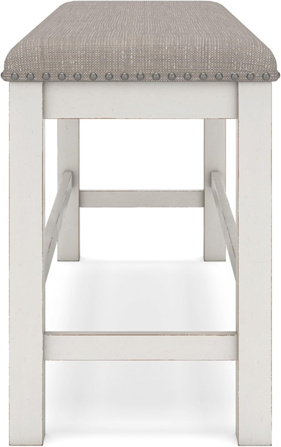 Narrow end view showing the upholstered top, studded trim and white legs with stretcher supports.