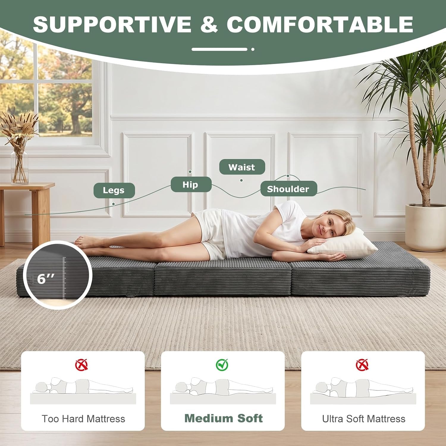 Side view of the mattress laid flat on a rug showing 6-inch thickness and a woman lying on it in a bright room