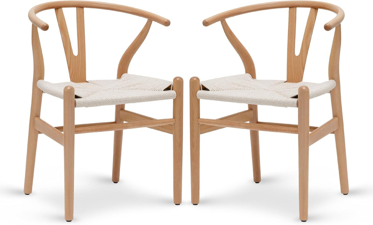 Two wishbone dining chairs with pale natural wood frames and woven beige seats shown side by side.