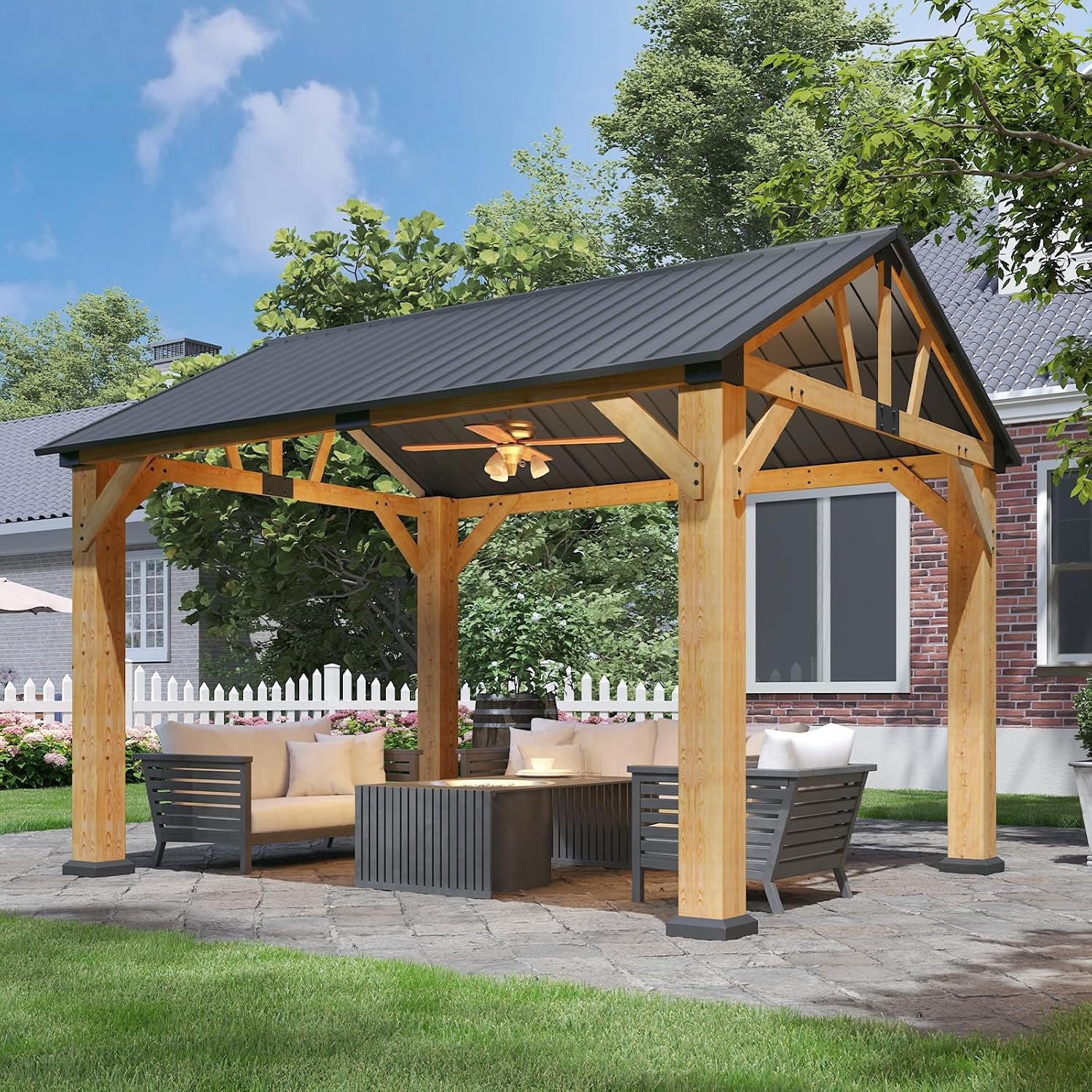 Natural cedar wood 10' x 12' gazebo with black galvanized gable roof, angled front patio view