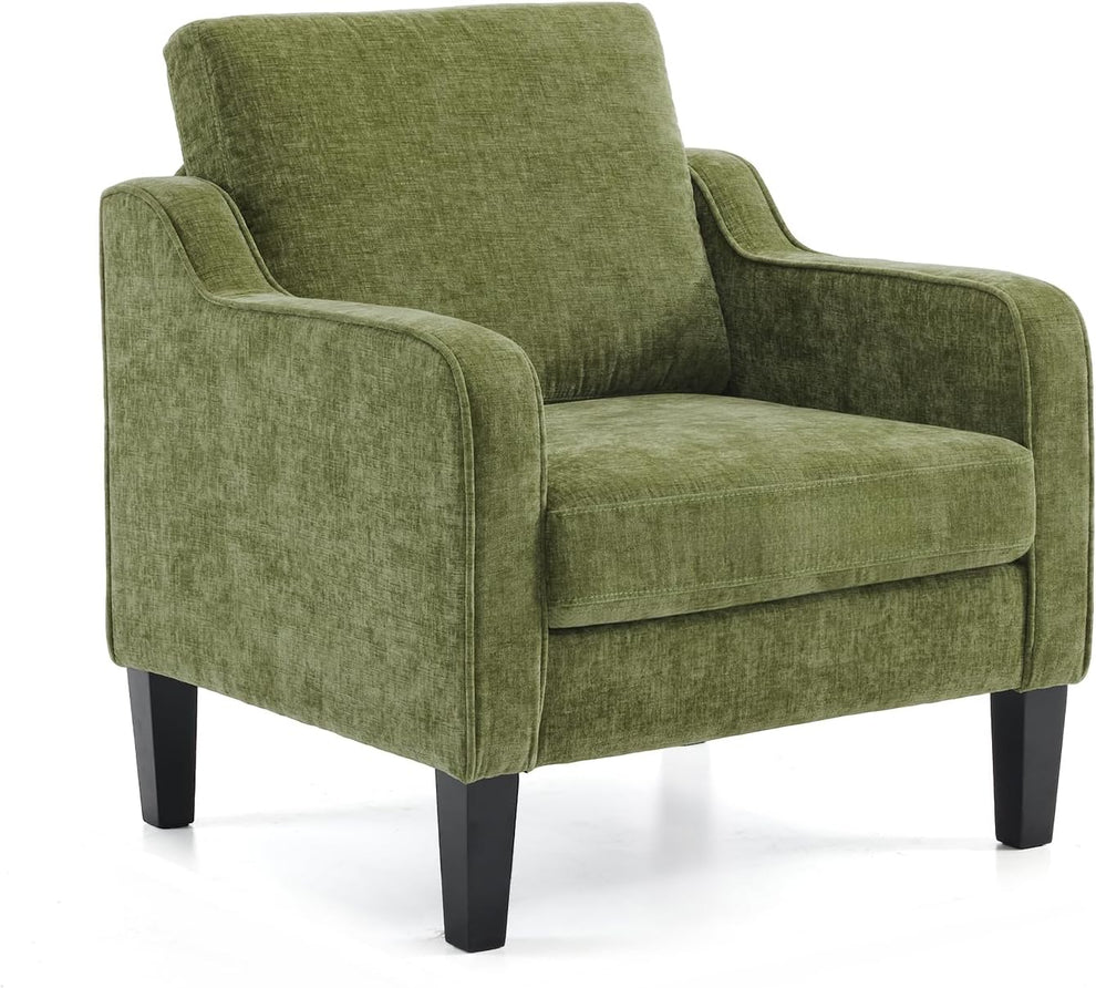 Three-quarter view of a green upholstered accent chair with tapered dark wood legs