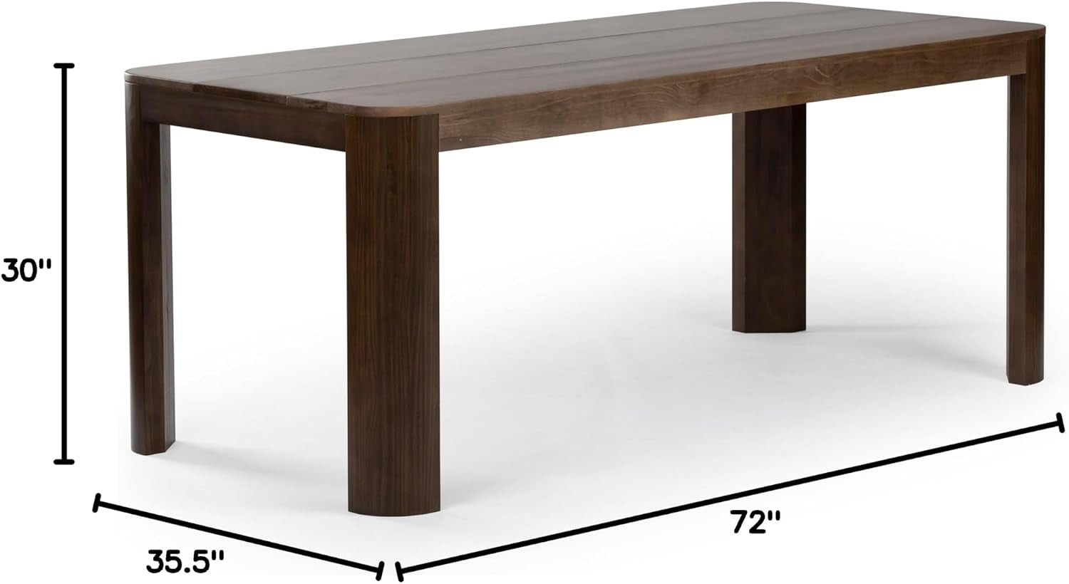 Three-quarter view of the 72 inch table with dimensions shown, walnut finish and rounded leg profile