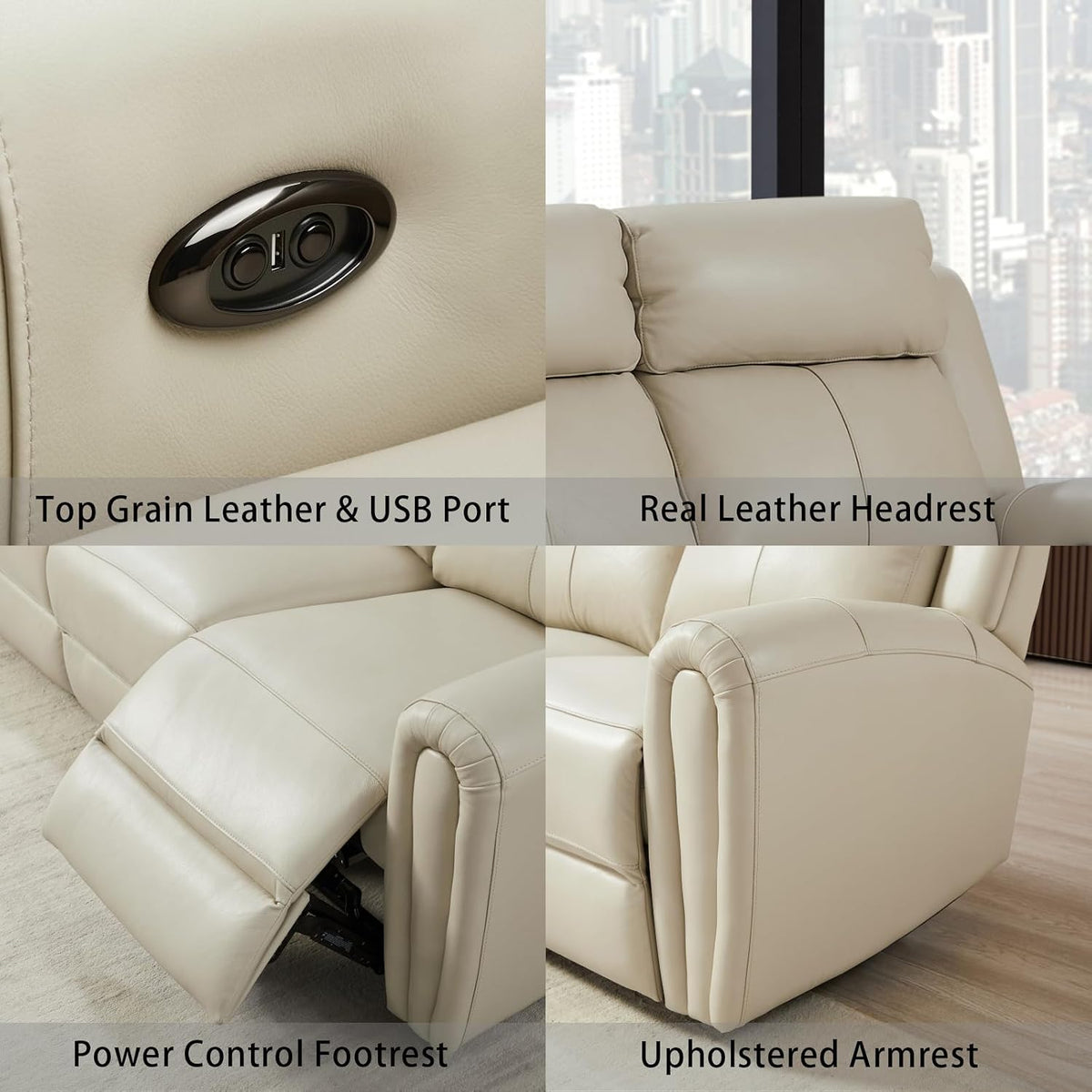 Close-up collage showing USB port control, leather headrest, power footrest mechanism, and upholstered armrest details