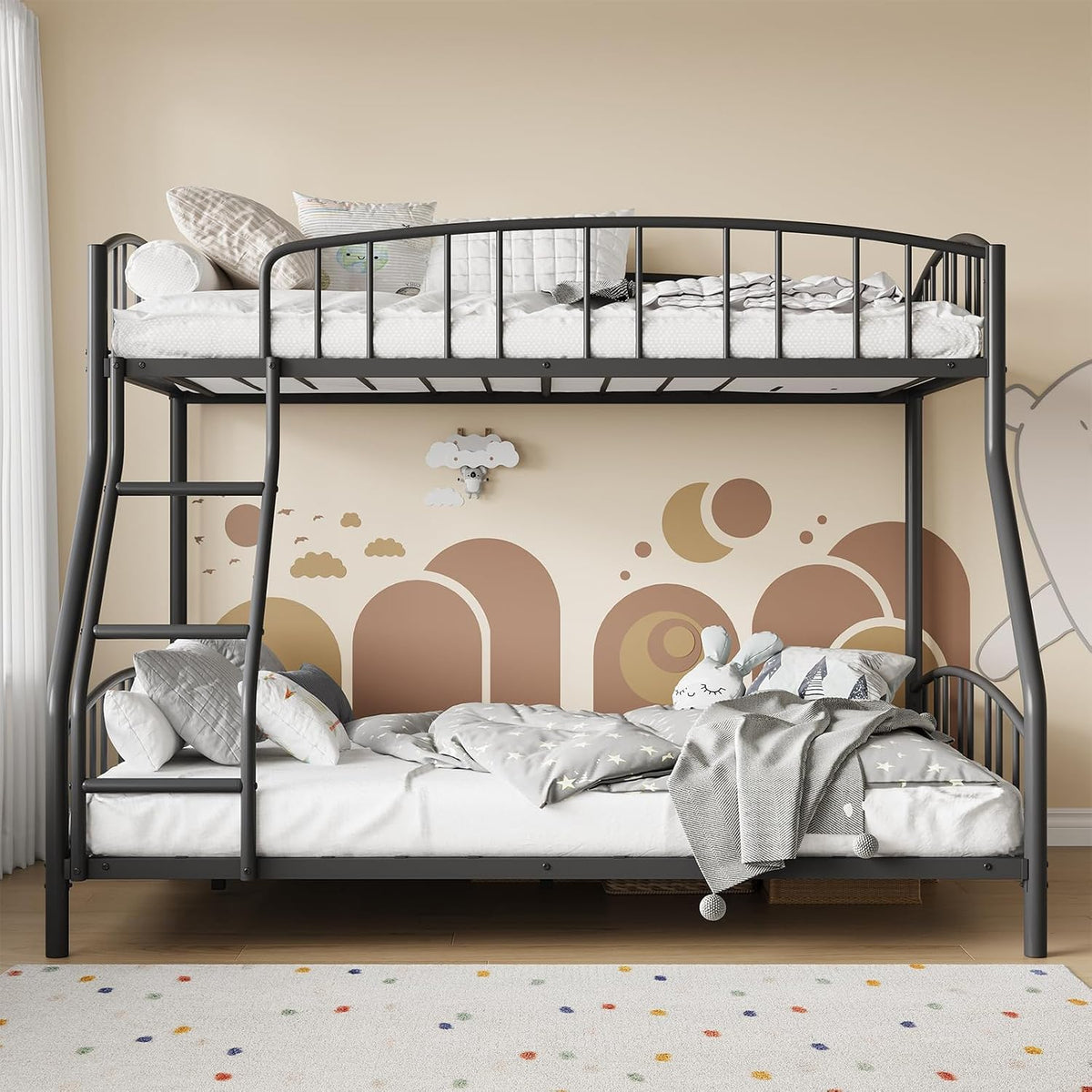 Straight-on view of the dark metal bunk bed with ladder on left and styled bedding on both beds.