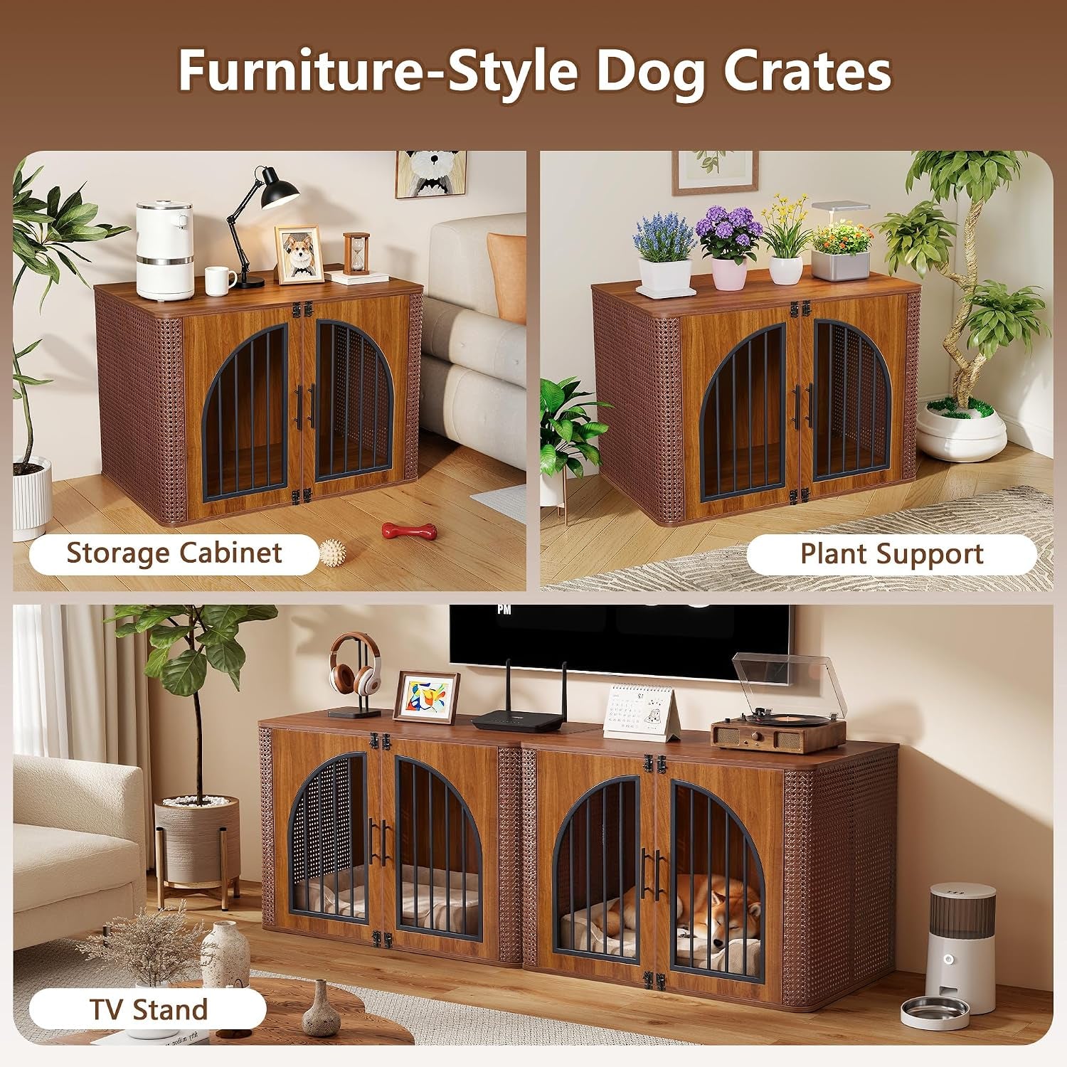 Three-panel lifestyle collage illustrating the crate used as storage cabinet, plant stand, and TV stand