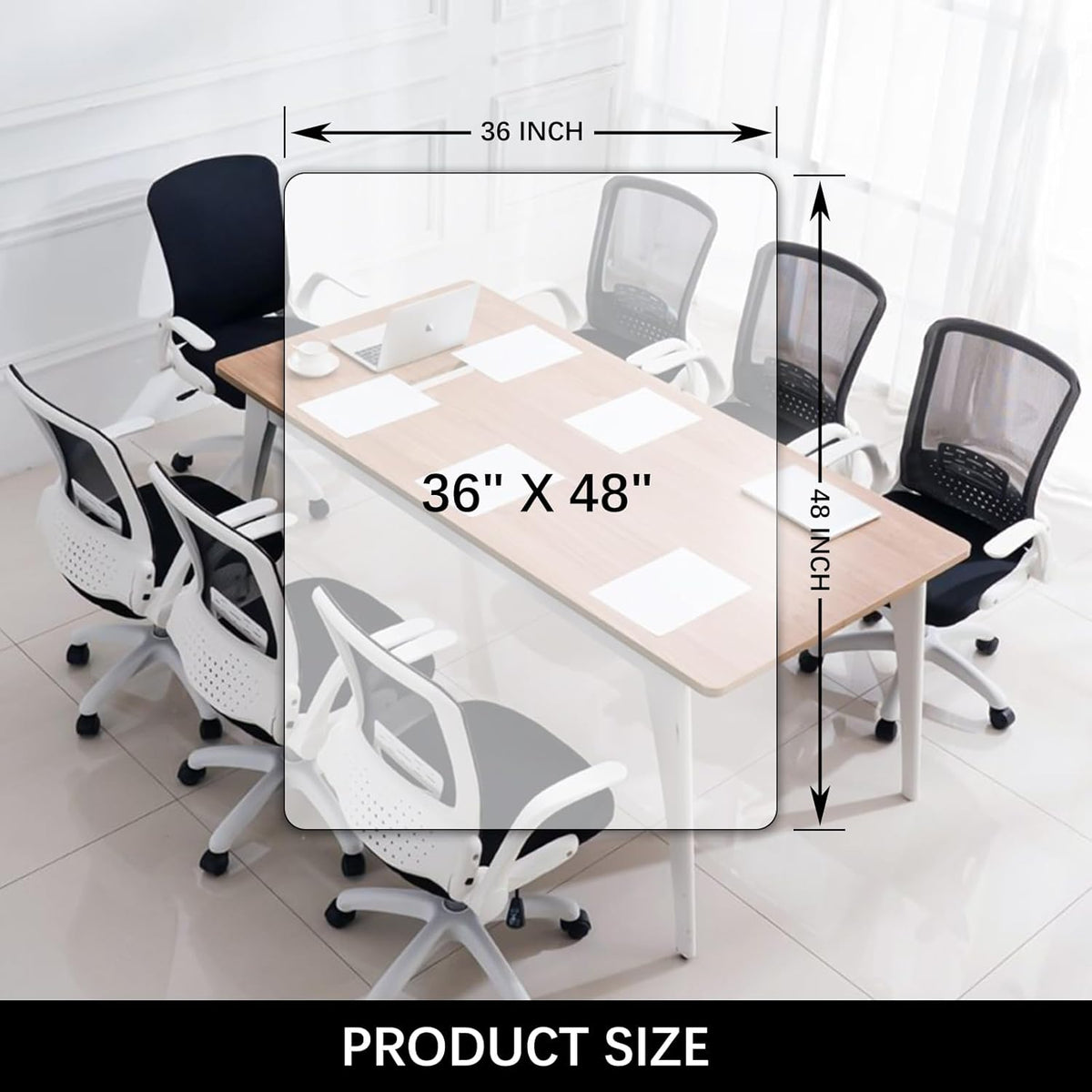 Overlaid transparent mat graphic with arrows showing 36 by 48 inches placed over a conference table and chairs.