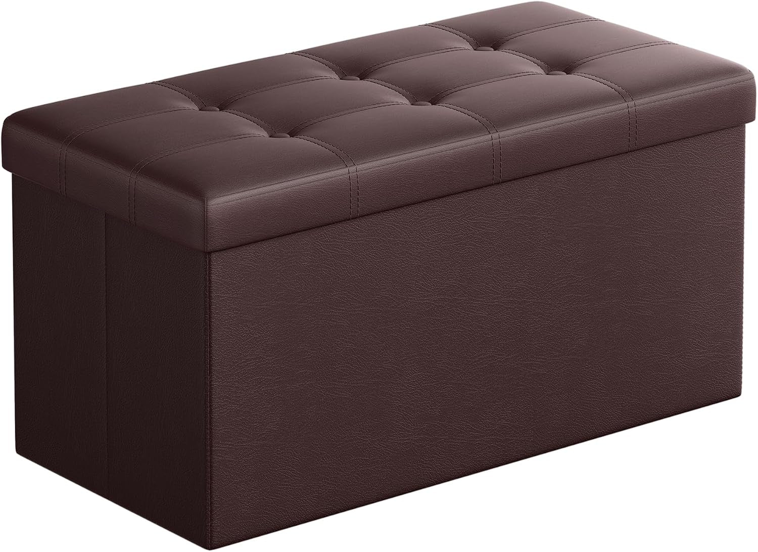 Three-quarter front view of a dark brown tufted faux-leather storage bench on white background.