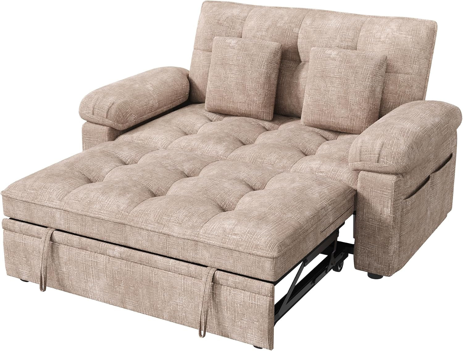 Studio view of the beige tufted loveseat pulled out into a bed with two matching square throw pillows and visible pull