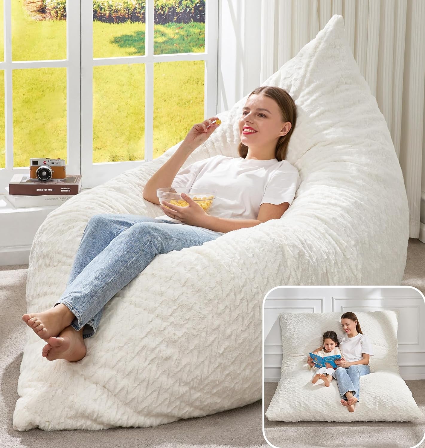 Woman snacking while reclining on a cream-white textured beanbag lounger; inset shows the same piece flattened with a child