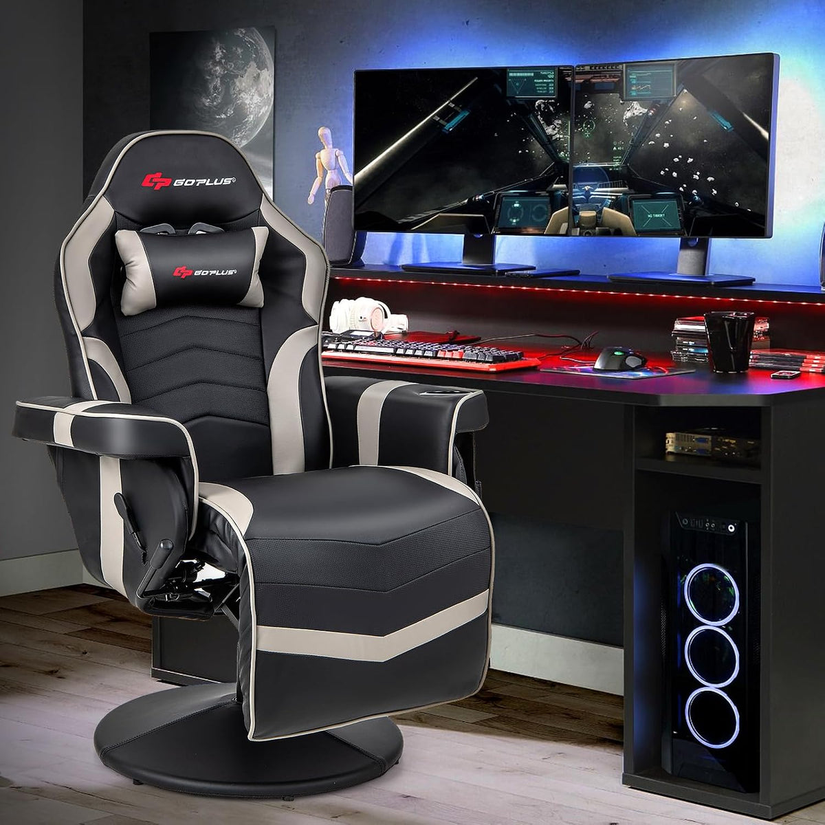 Black and gray gaming recliner with footrest in a dark desk gaming setup